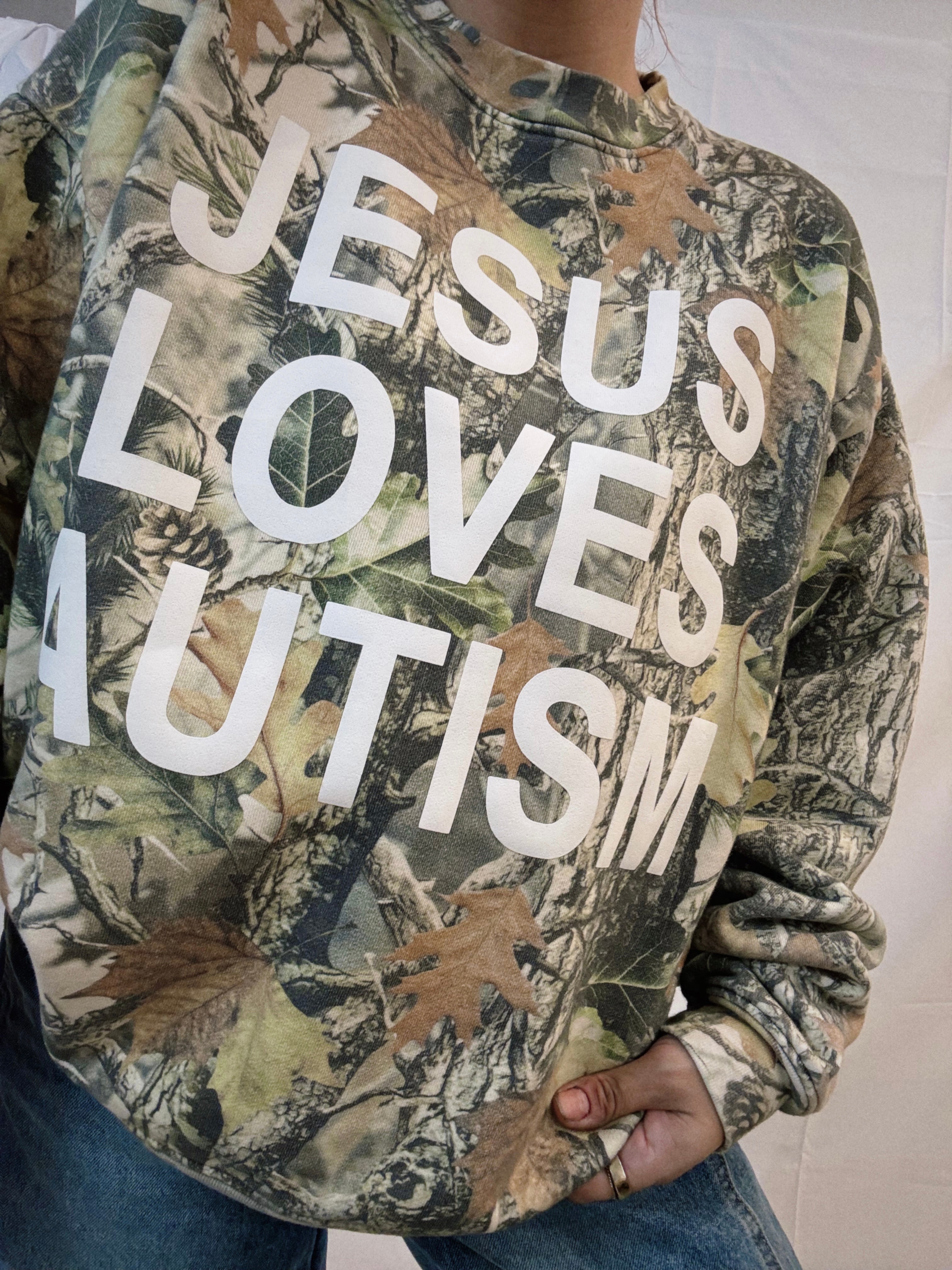 Vintage Camo "Jesus Loves Autism" Cotton Collective Crewneck