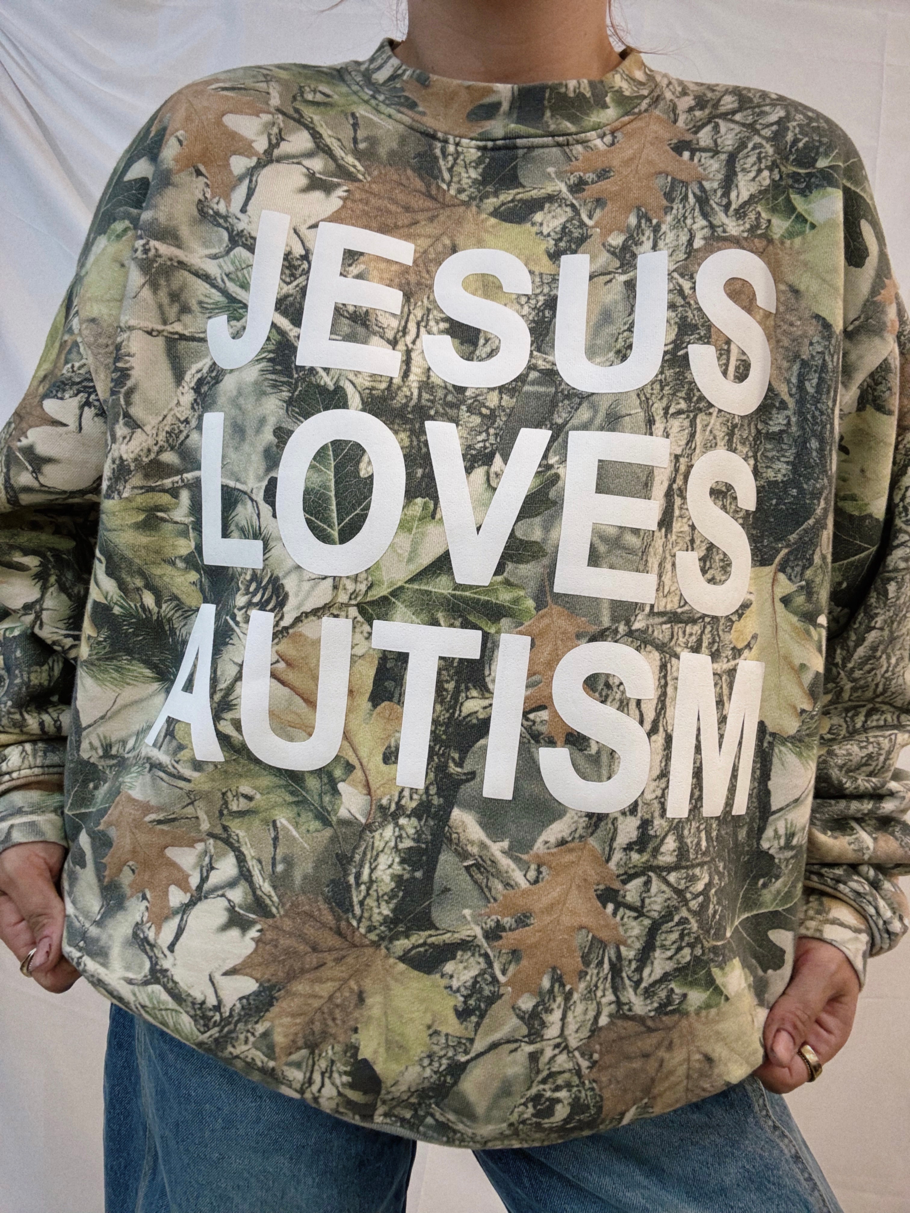 Vintage Camo "Jesus Loves Autism" Cotton Collective Crewneck
